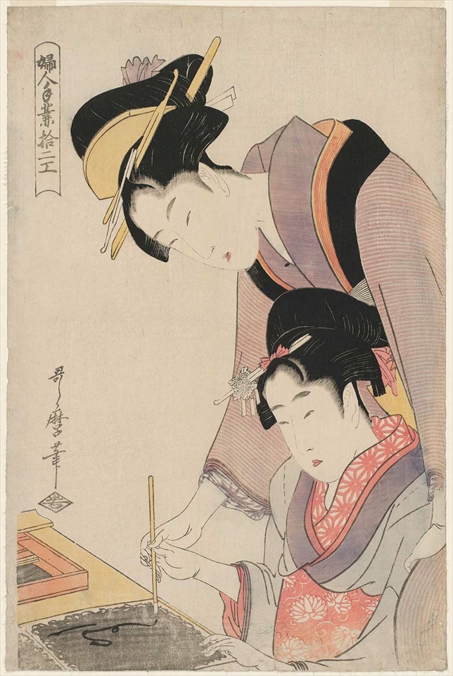 喜多川歌麿の浮世絵。子供に書道を教える美人の画像